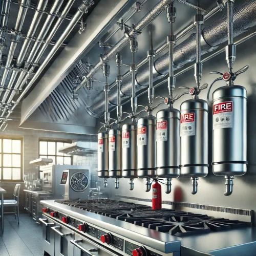 DALL·E 2024-09-27 10.51.21 - A detailed, realistic image of a kitchen fire suppression system installed in a commercial kitchen. The system includes sleek stainless-steel suppress