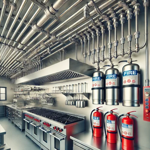 DALL·E 2024-09-27 10.51.26 - A highly realistic image of a kitchen fire suppression system in a commercial kitchen. The system features stainless steel canisters mounted on the wa