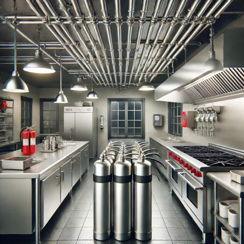 DALL·E 2024-09-27 10.51.28 - A realistic image of a kitchen fire suppression system product in a commercial kitchen setting. The system includes stainless steel fire suppression c