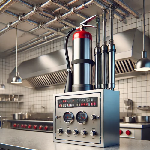 DALL·E 2024-09-27 10.51.30 - A realistic image of a kitchen fire suppression system product. The system should feature a sleek, stainless-steel fire extinguisher unit designed for